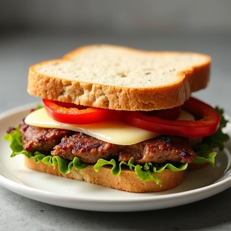 Lean Beef Sandwich with Sautéed Onions, Peppers, and Melted Provolone