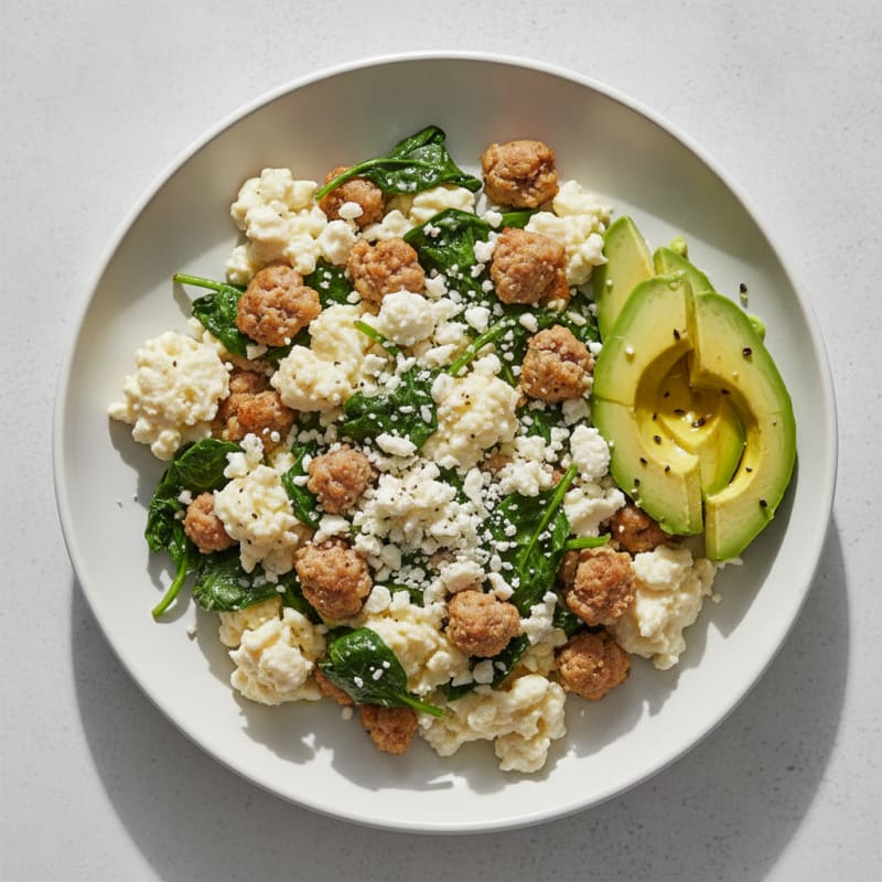 Egg White and Turkey Sausage Scramble with Spinach and Feta