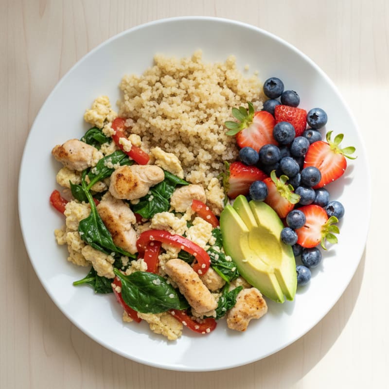 Egg White and Chicken Veggie Scramble with Fresh Berries