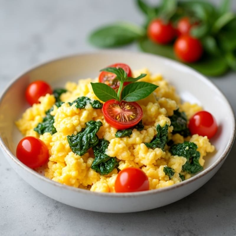 Fluffy Scrambled Eggs with Sautéed Spinach and Cherry Tomatoes