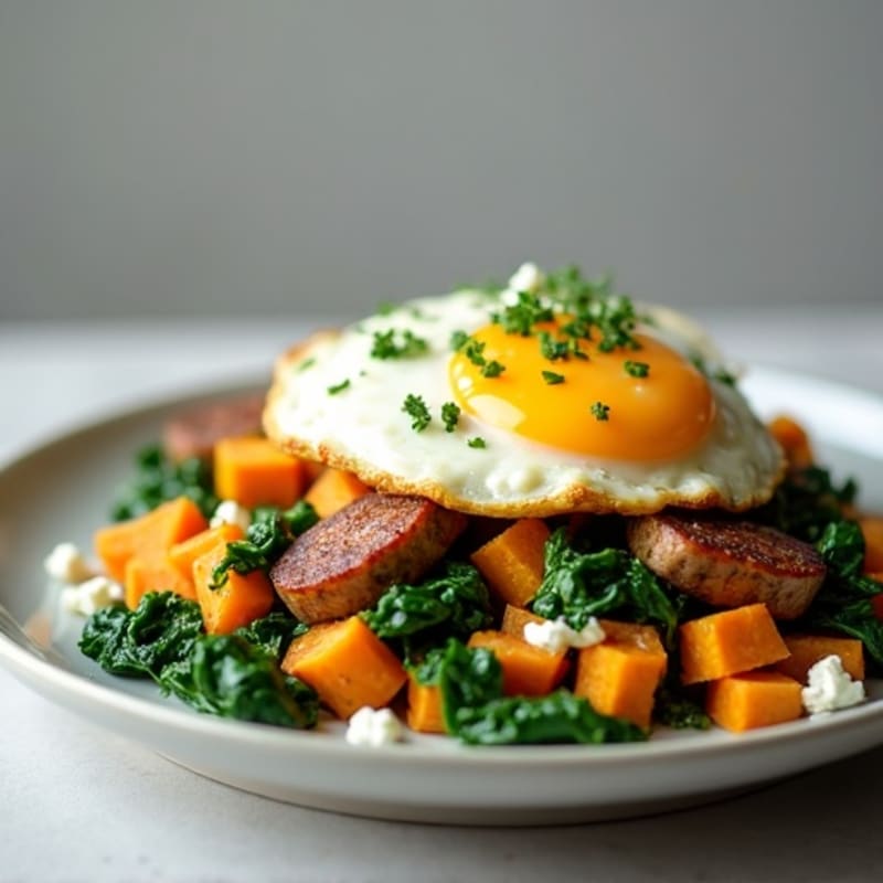 Egg White and Turkey Sausage Scramble with Spinach and Roasted Sweet Potato