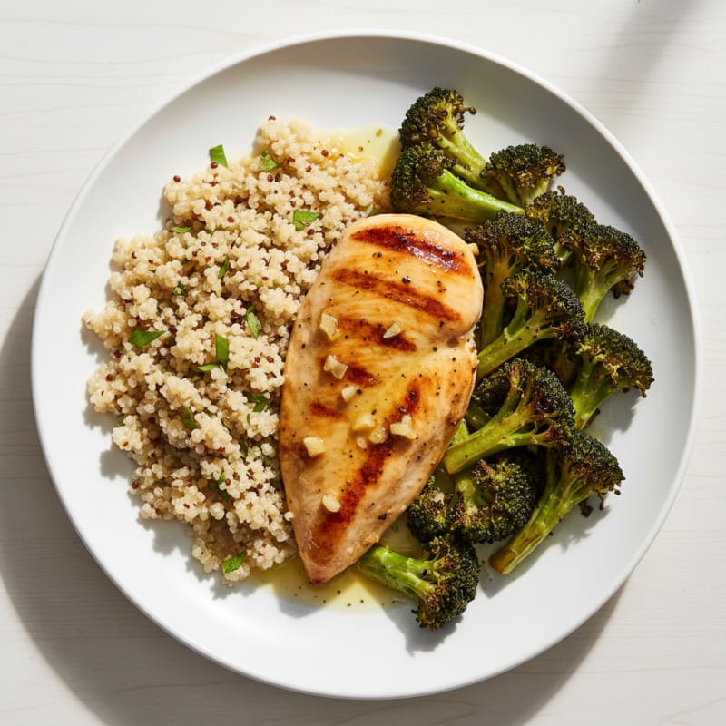 Grilled Lemon-Garlic Chicken Breast with Quinoa and Roasted Broccoli