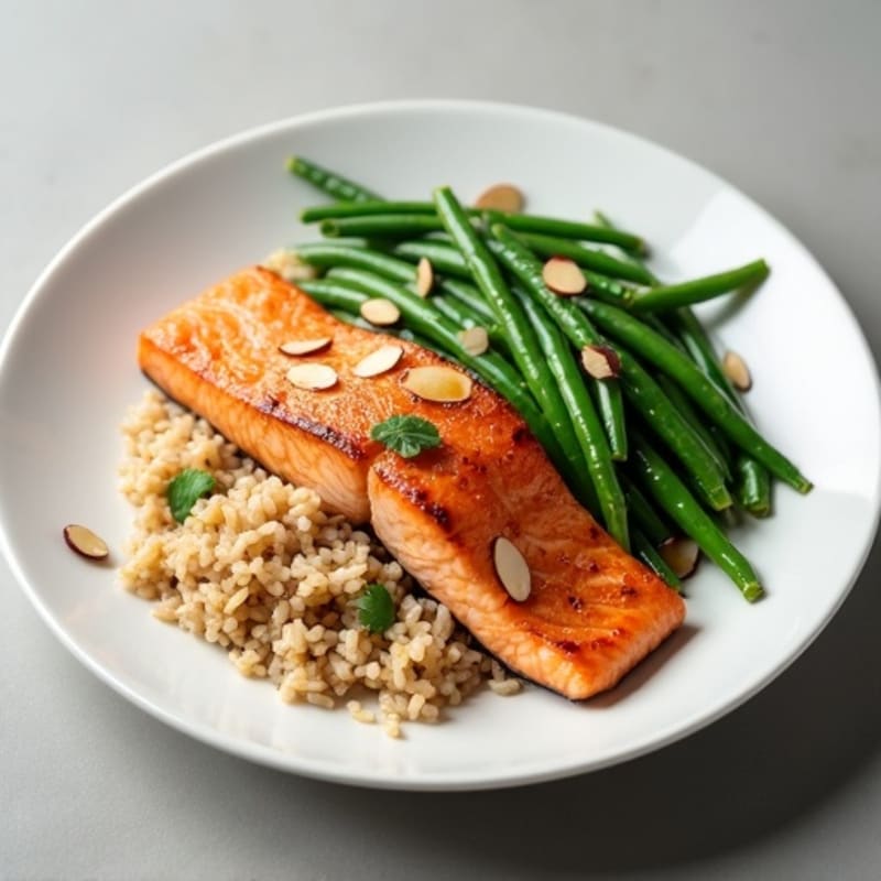 Seared Salmon Fillet with Steamed Green Beans and Brown Rice