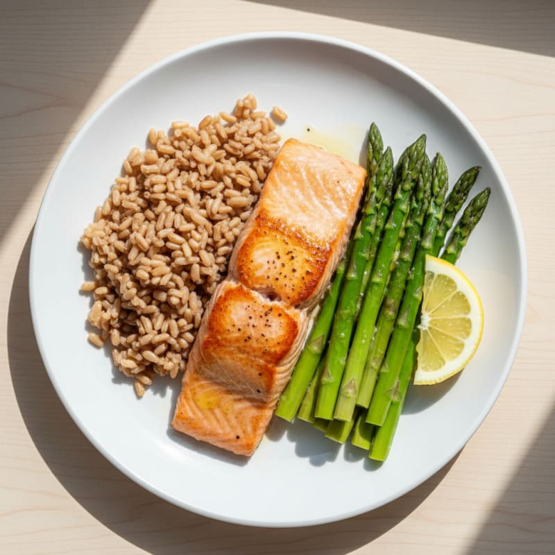 Seared Salmon Fillet with Steamed Asparagus and Brown Rice