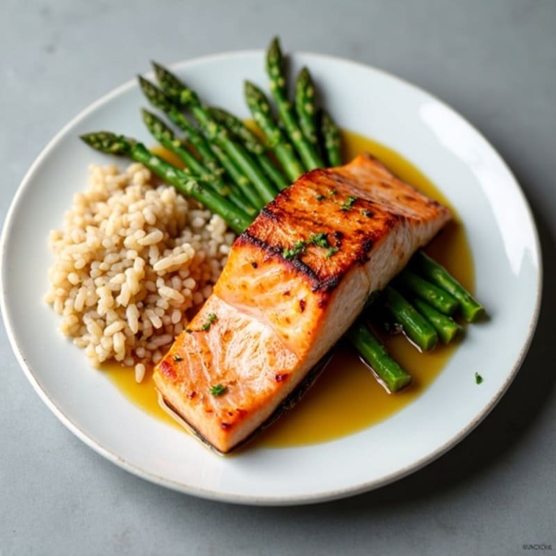 Seared Salmon Fillet with Steamed Asparagus and Brown Rice