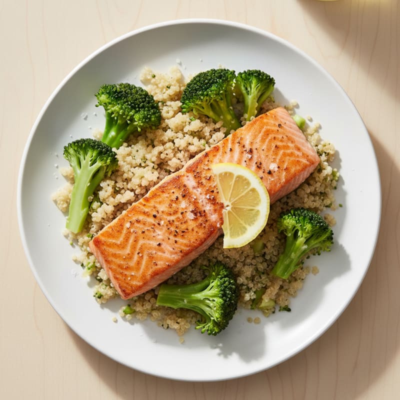 Seared Salmon with Steamed Broccoli and Quinoa
