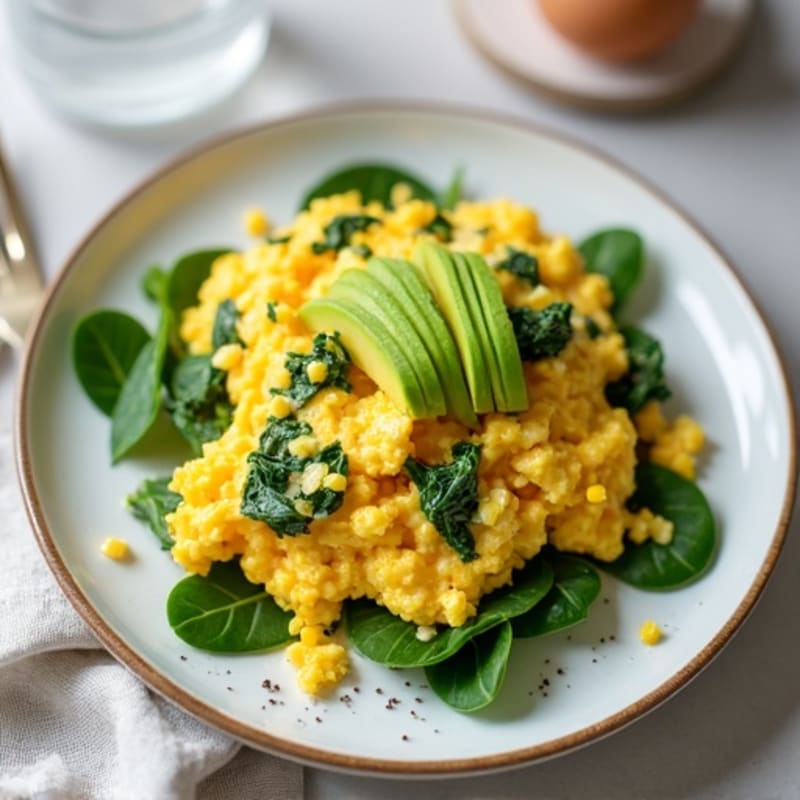 Fluffy Scrambled Eggs with Fresh Spinach and Creamy Avocado