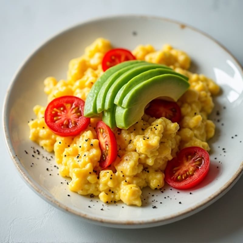 Creamy Egg Scramble with Fresh Tomatoes and Sliced Avocado
