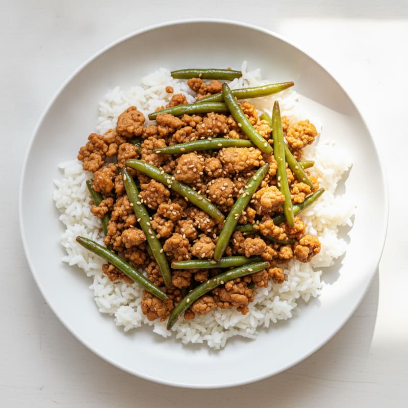 Ground Turkey and Green Bean Stir Fry with Steamed Rice