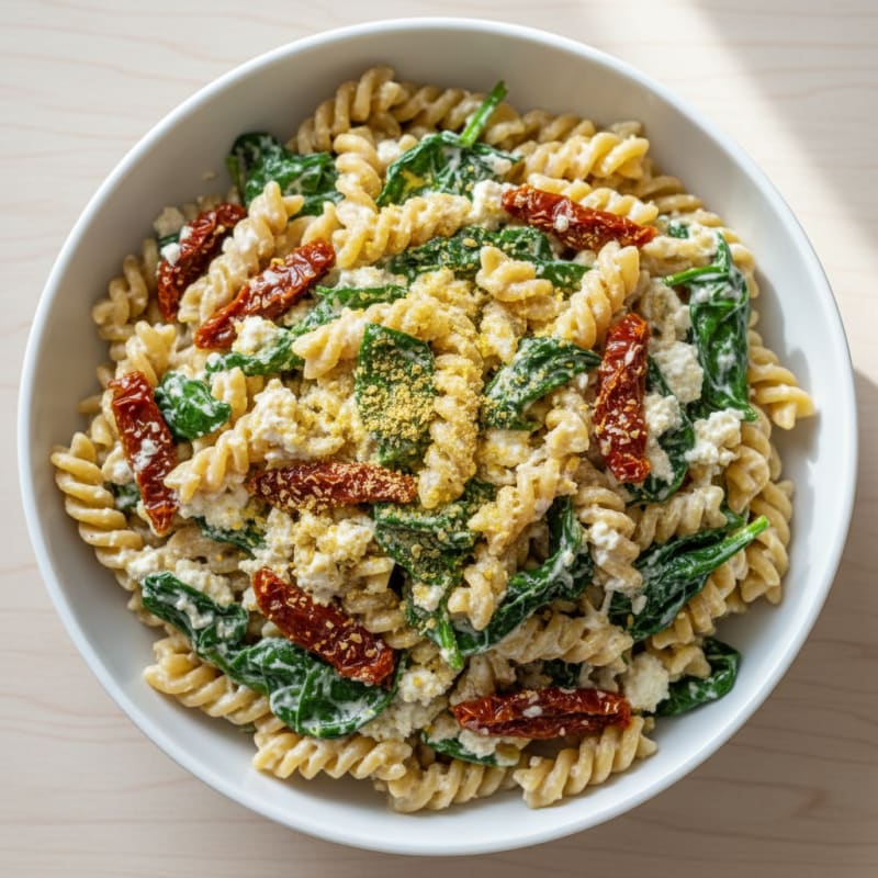 Silky Cottage Cheese and Chickpea Pasta with Spinach and Sun-Dried Tomatoes
