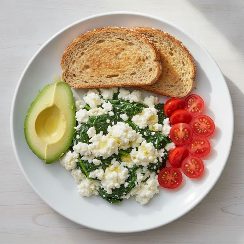 Egg White Spinach Scramble with Cottage Cheese and Fresh Tomatoes