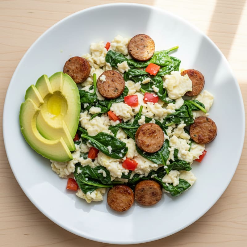 Egg White and Spinach Scramble with Turkey Sausage
