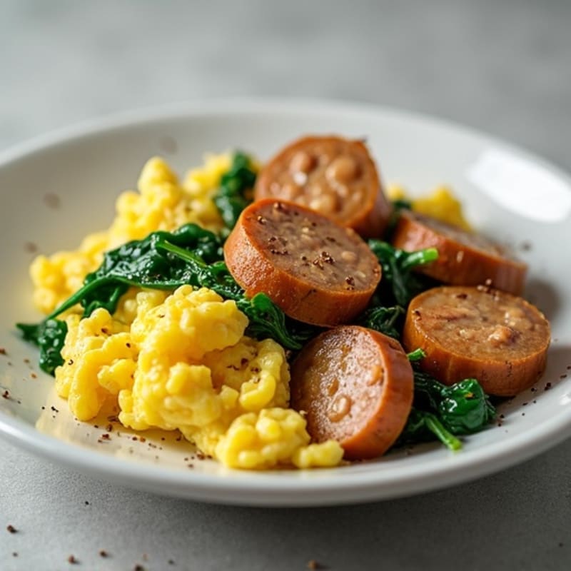 Fluffy Egg Scramble with Sautéed Spinach and Lean Turkey Sausage