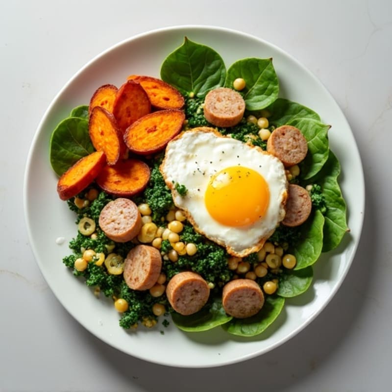 Egg White and Turkey Sausage Scramble with Spinach and Roasted Sweet Potatoes