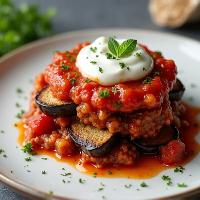 Roasted Eggplant and Lean Ground Lamb Layer Bake with Creamy Herb Topping