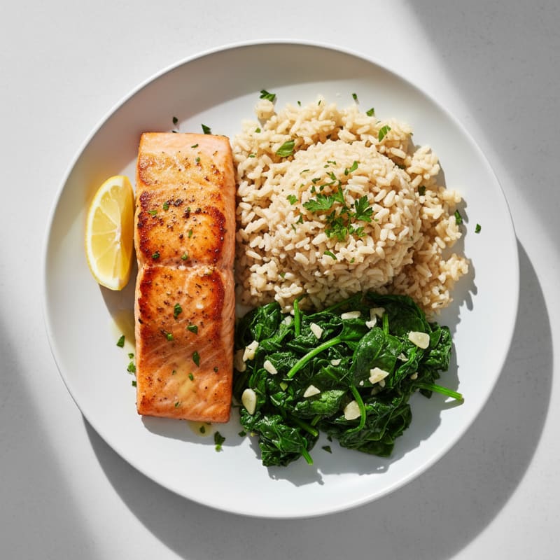 Seared Salmon with Garlic Spinach and Brown Rice