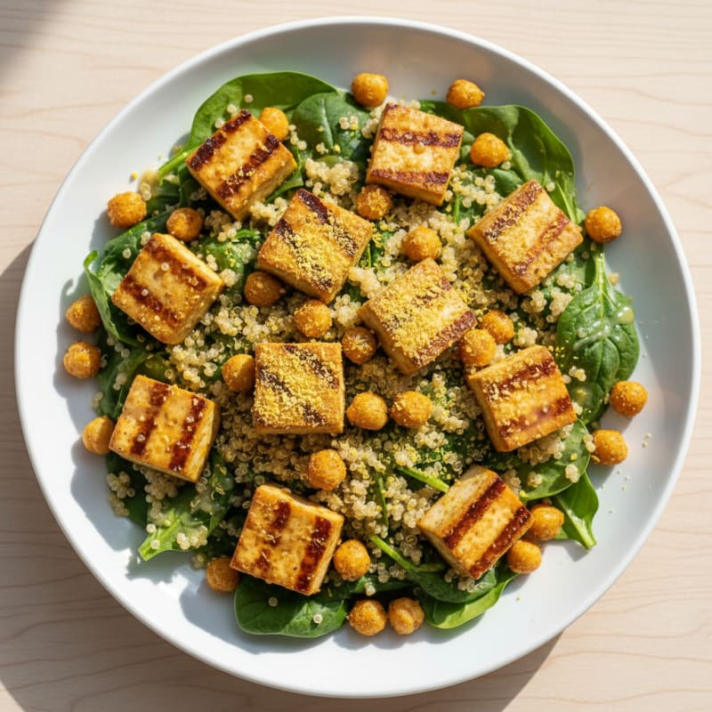 Grilled Tofu and Quinoa Salad with Roasted Chickpeas