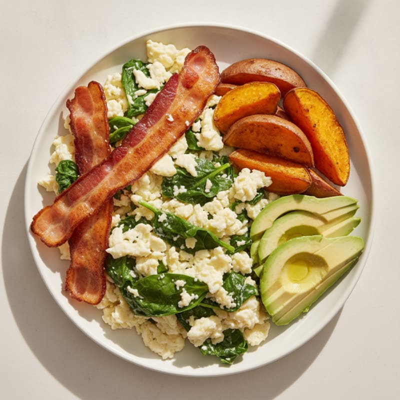 Crispy Turkey Bacon and Egg White Scramble with Baby Spinach