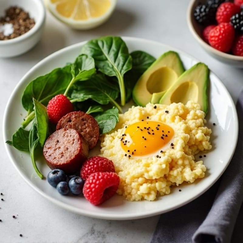 Egg White and Spinach Scramble with Turkey Sausage and Fresh Berries