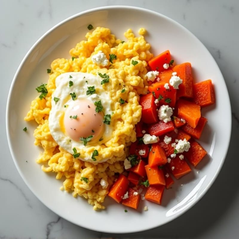 Hearty Scrambled Eggs with Roasted Sweet Potatoes and Bell Peppers