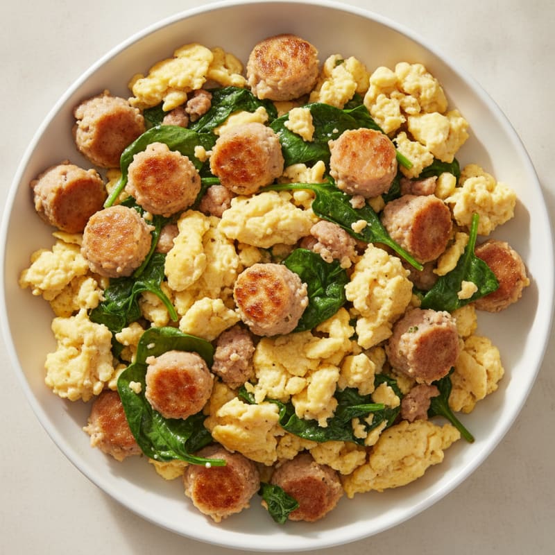 Scrambled Eggs with Chicken Sausage and Sautéed Spinach