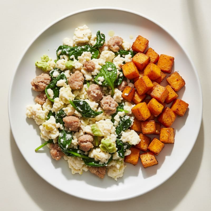 Egg White and Turkey Sausage Scramble with Spinach and Roasted Sweet Potato