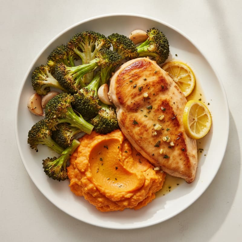 Lemon Garlic Pan Seared Chicken with Roasted Broccoli and Sweet Potato Mash