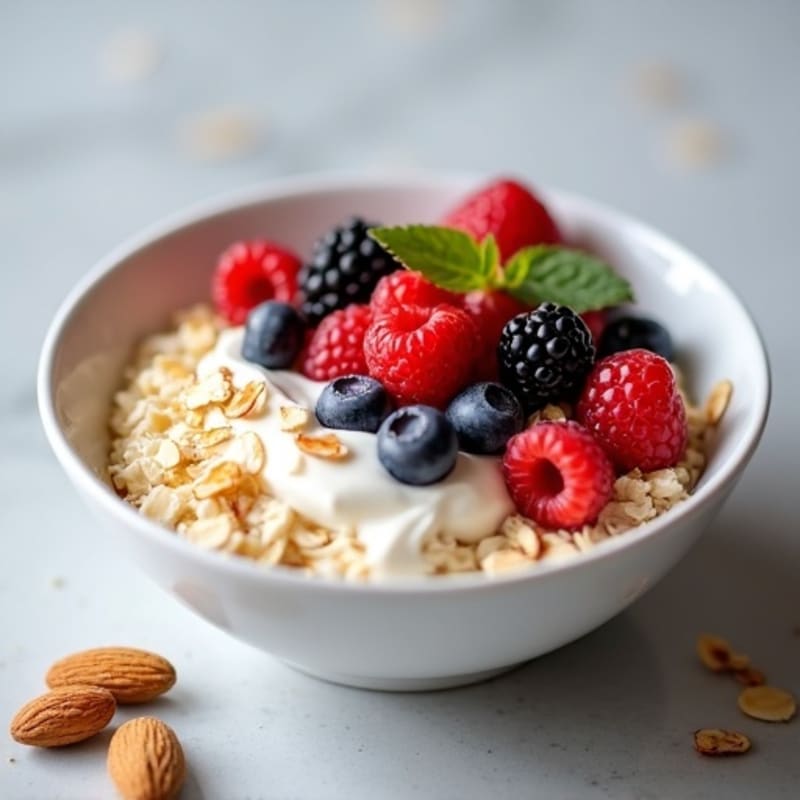 Fluffy Greek Yogurt Protein Oats with Berries and Almonds