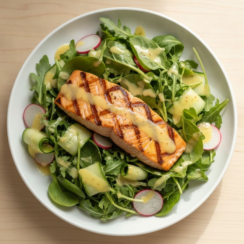 Grilled Salmon Salad with Crunchy Greens and Lemon Vinaigrette