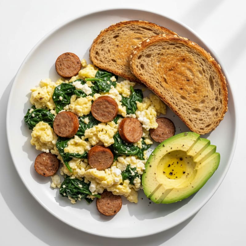 Cottage Cheese Scramble with Turkey Sausage and Spinach
