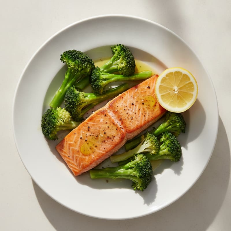 Seared Salmon with Steamed Broccoli and Lemon