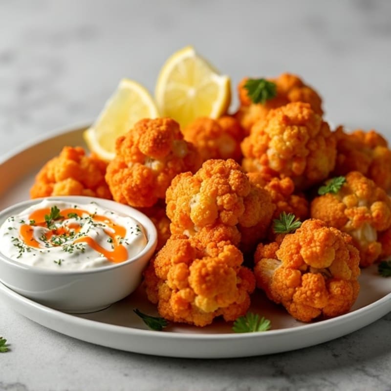 Crispy Roasted Buffalo Cauliflower Bites with Protein-Packed Greek Yogurt Dip