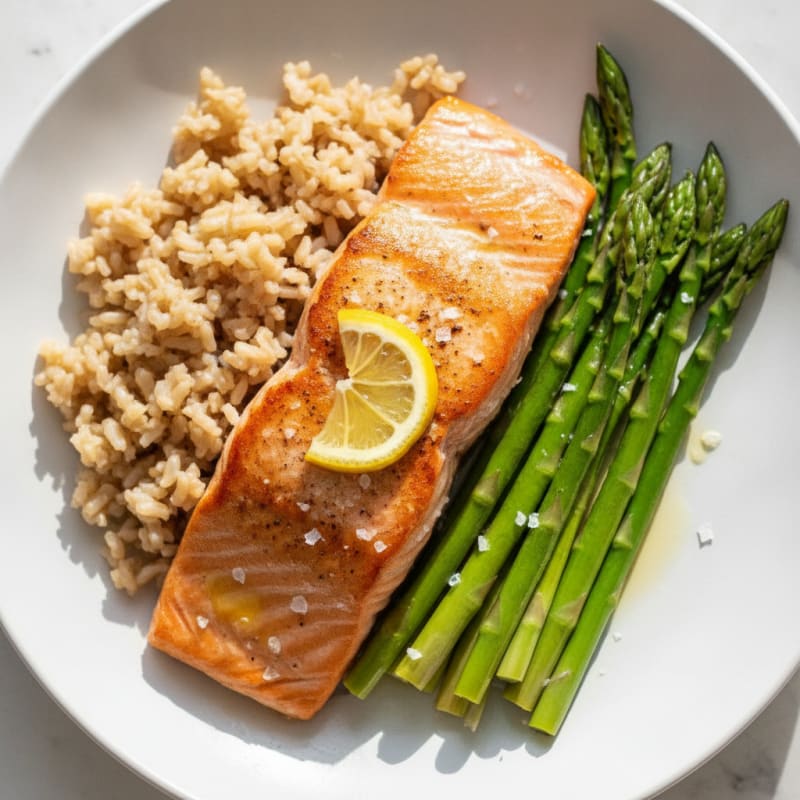 Seared Salmon with Steamed Asparagus and Brown Rice