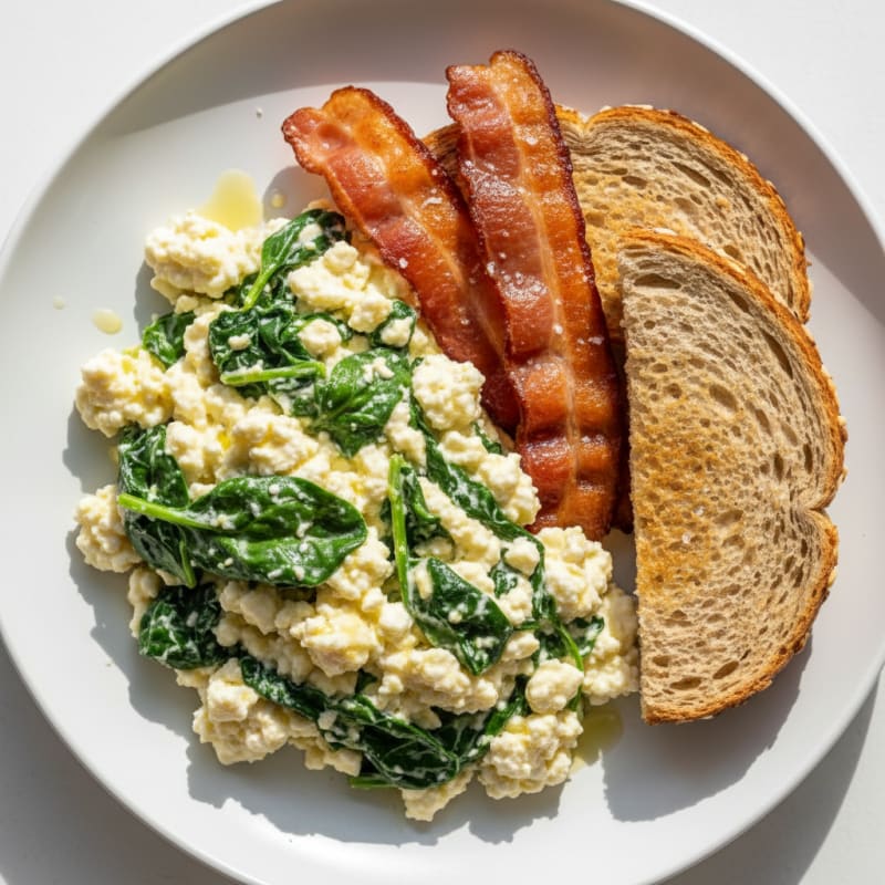 Cottage Cheese Egg White Scramble with Spinach and Turkey Bacon