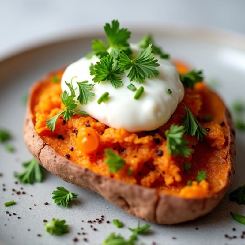 Crispy-Skin Sweet Potato with Greek Yogurt and Herbs