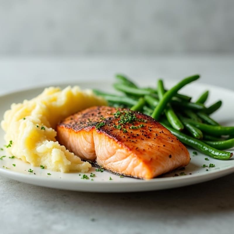 Seared Salmon with Steamed Green Beans and Garlic Mashed Potatoes