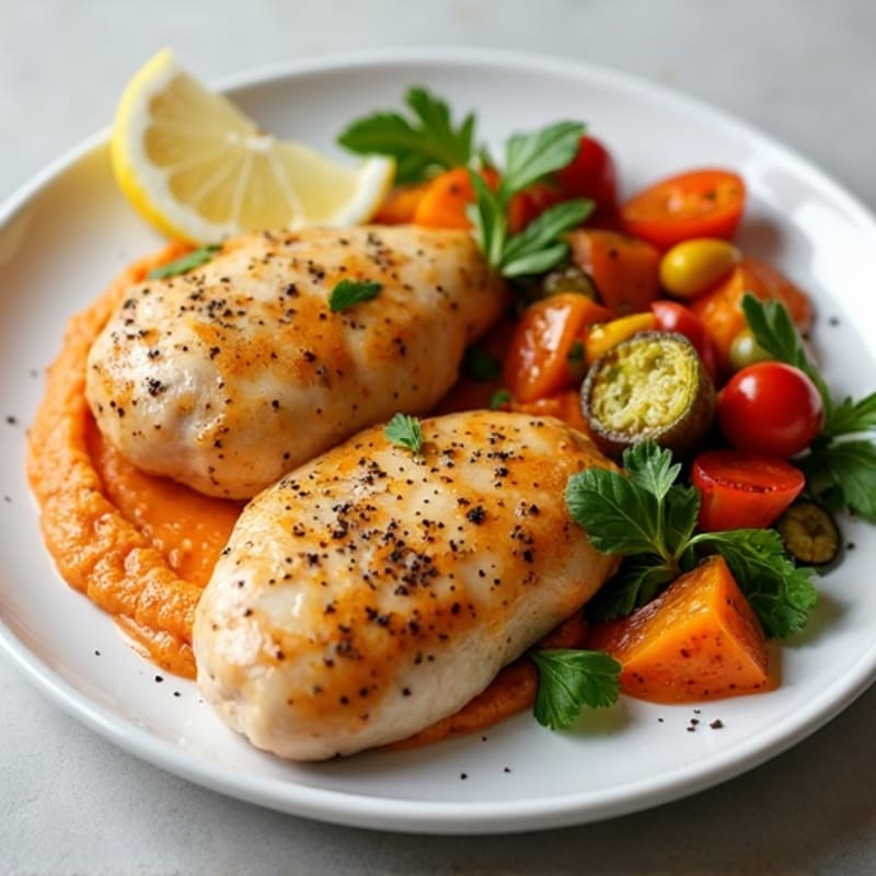 Lemon-Garlic Chicken with Roasted Vegetables and Creamy Red Pepper Hummus