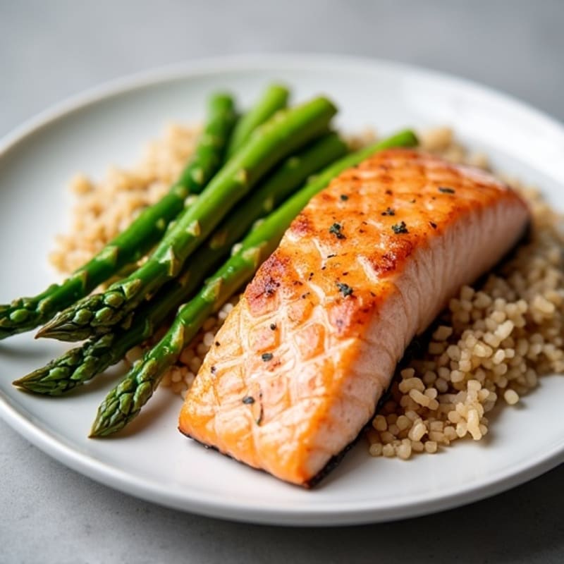 Seared Salmon with Steamed Asparagus and Brown Rice