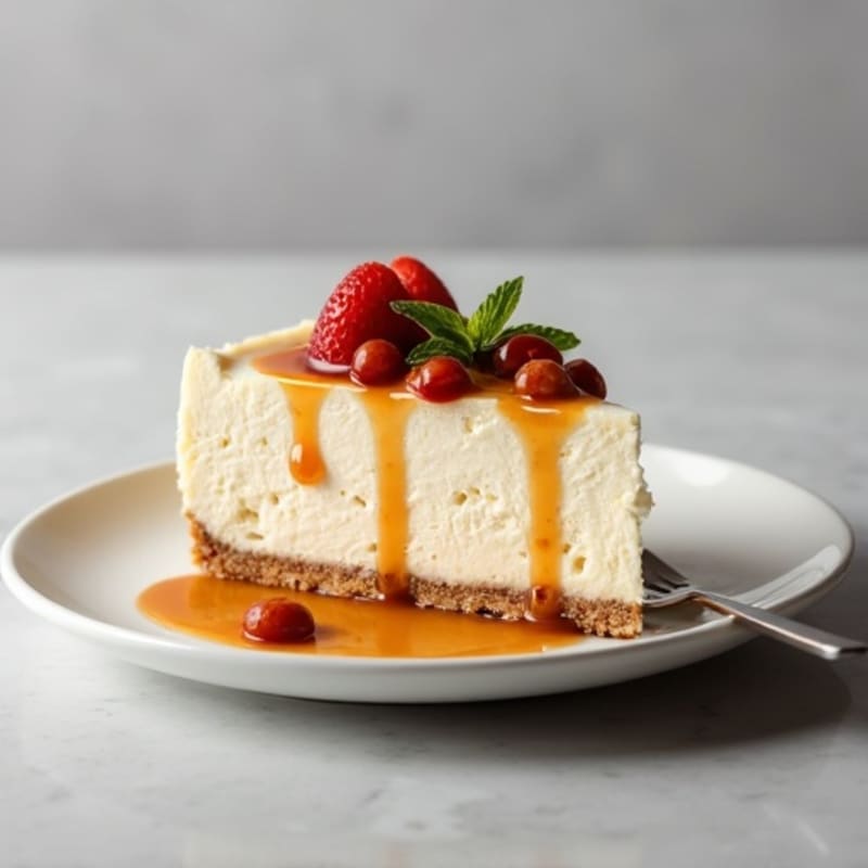 Greek Yogurt Protein Cheesecake with Date Caramel Drizzle