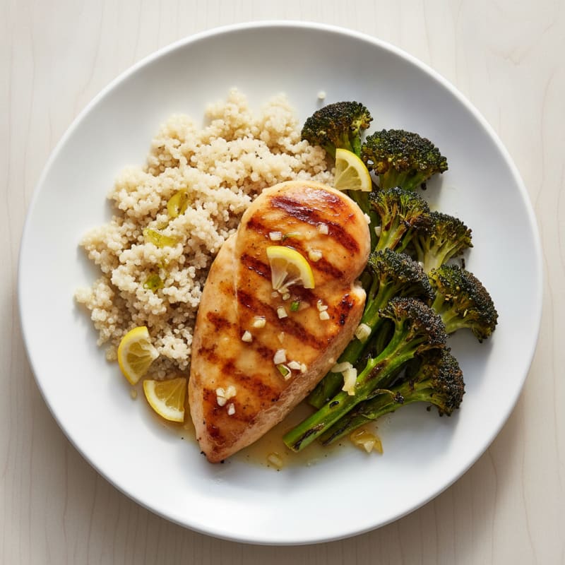 Grilled Lemon Garlic Chicken Breast with Quinoa and Roasted Broccoli