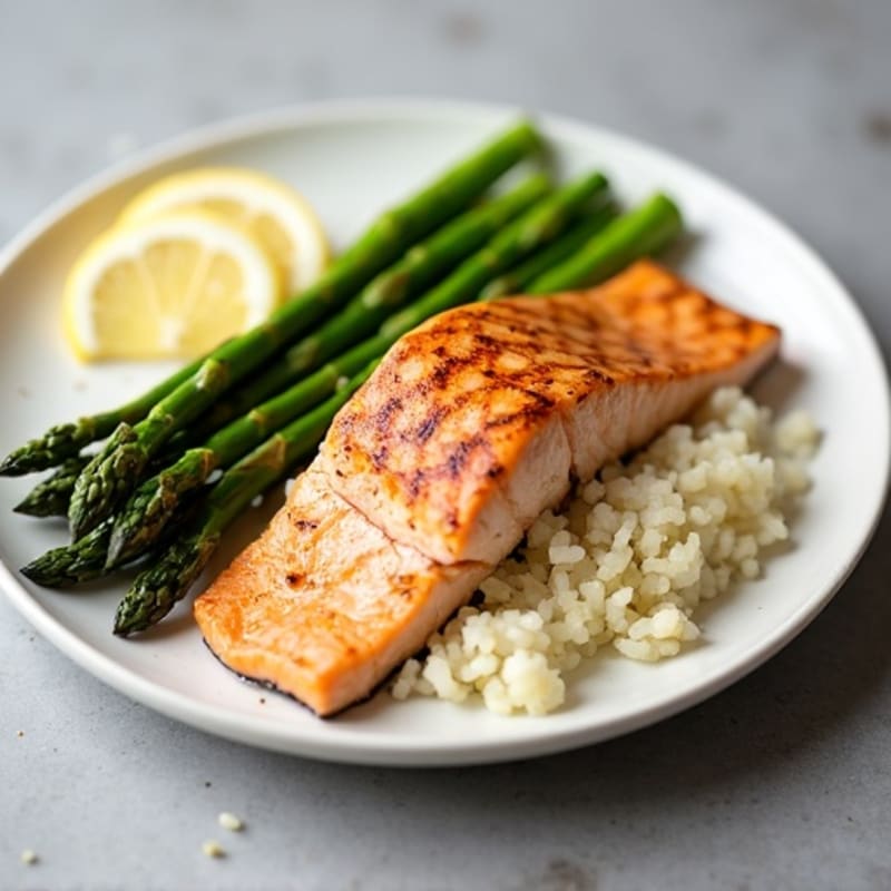 Seared Salmon Fillet with Steamed Asparagus and Cauliflower Rice