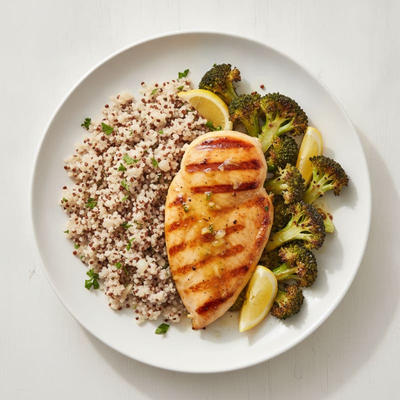 Grilled Lemon Garlic Chicken Breast with Quinoa and Roasted Broccoli
