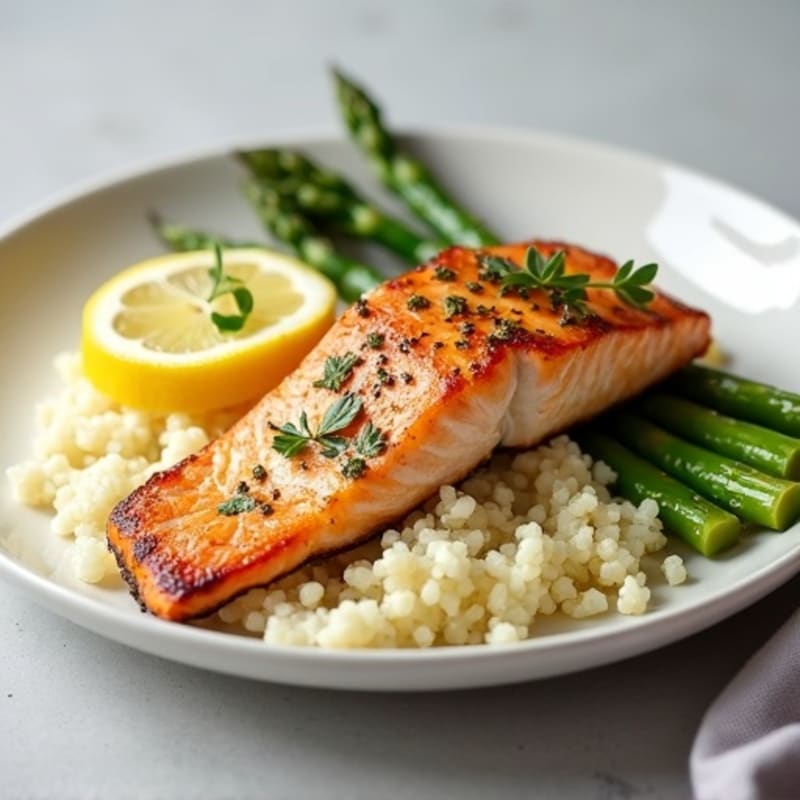 Seared Salmon Fillet with Steamed Asparagus and Cauliflower Rice