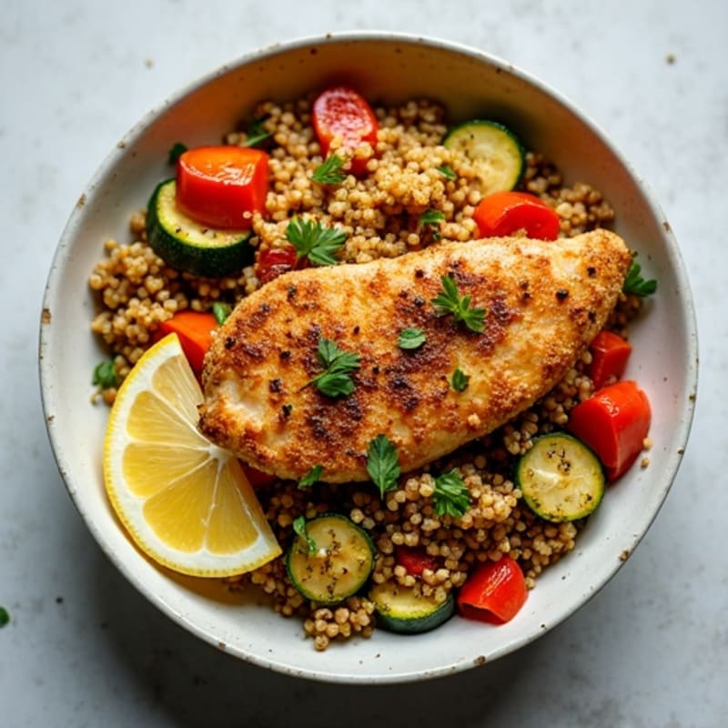 Crispy Lemon-Herb Chicken and Roasted Veggie Quinoa Bowl