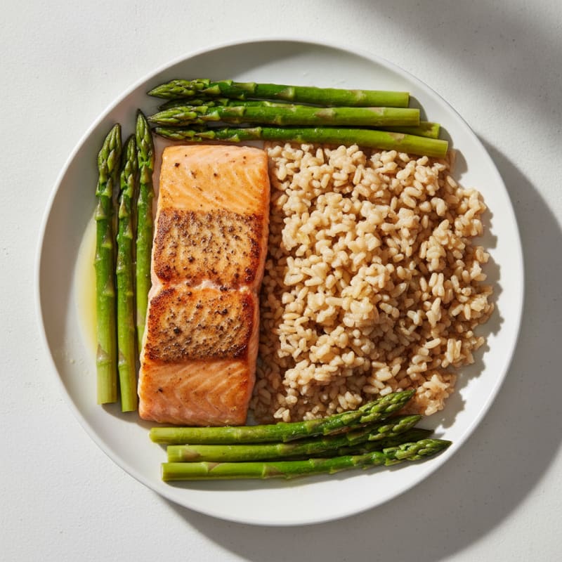 Seared Salmon with Steamed Asparagus and Brown Rice