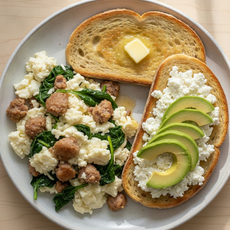 Scrambled Egg Whites with Turkey Sausage and Cottage Cheese Toast