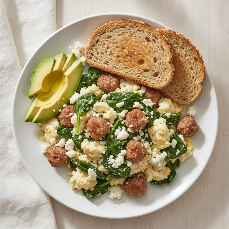 Egg White and Turkey Sausage Scramble with Spinach and Feta
