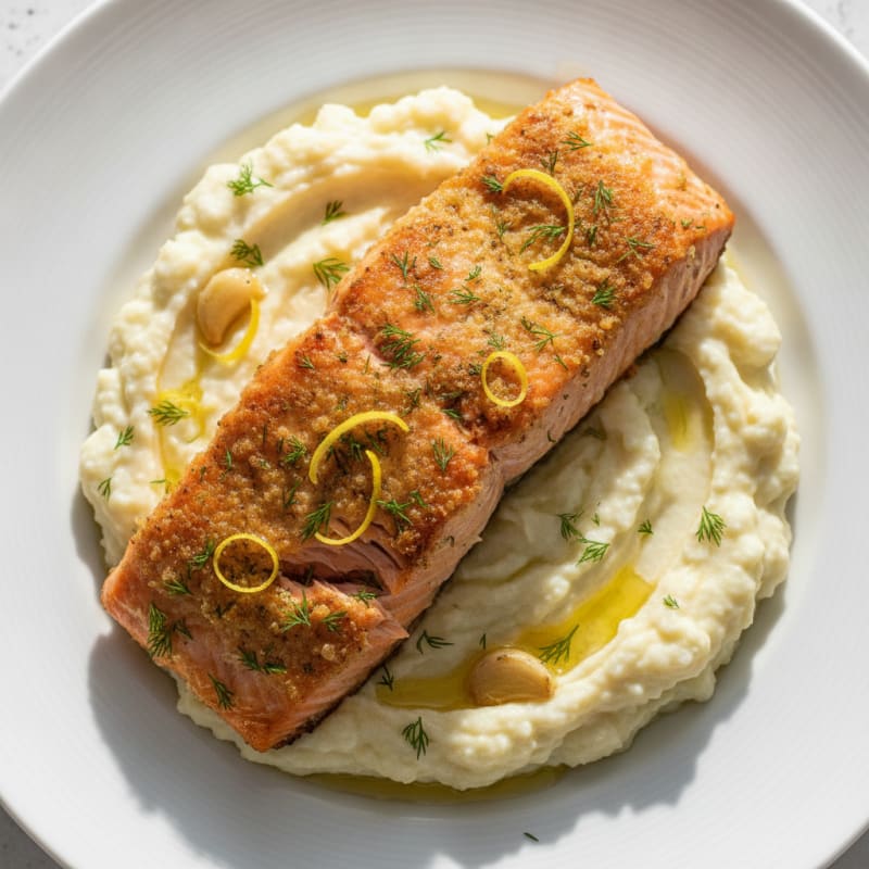 Herb-Roasted Salmon with Garlic Cauliflower Mash