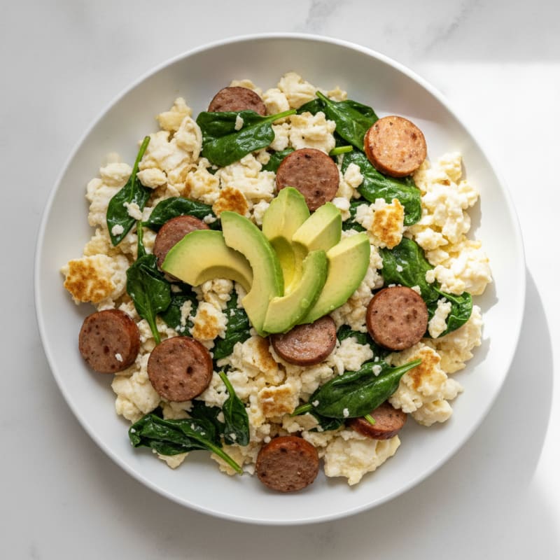 Egg White Scramble with Turkey Sausage and Sautéed Spinach