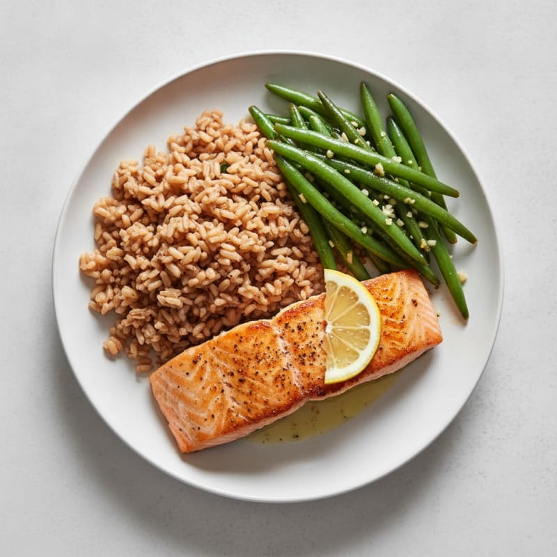 Seared Salmon with Garlic Green Beans and Brown Rice